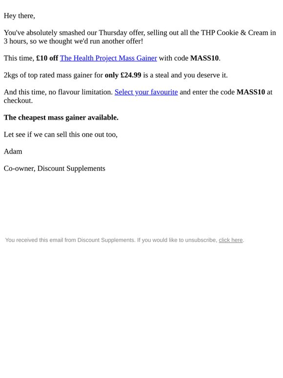 New offer: £24.99 for 2kgs of Mass Gainer.