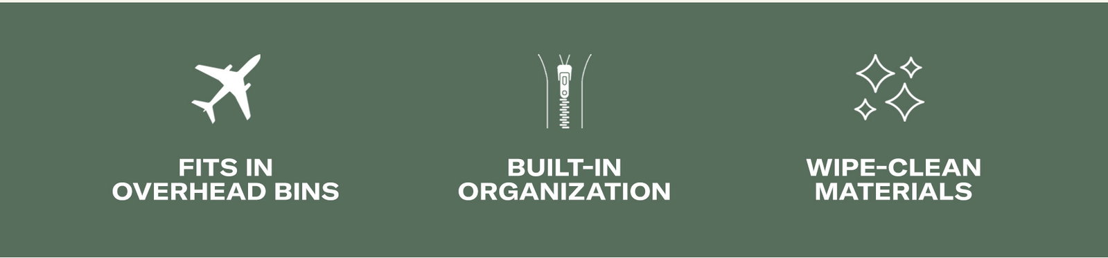 Fits overhead bins, built in organization, wipe clean materials