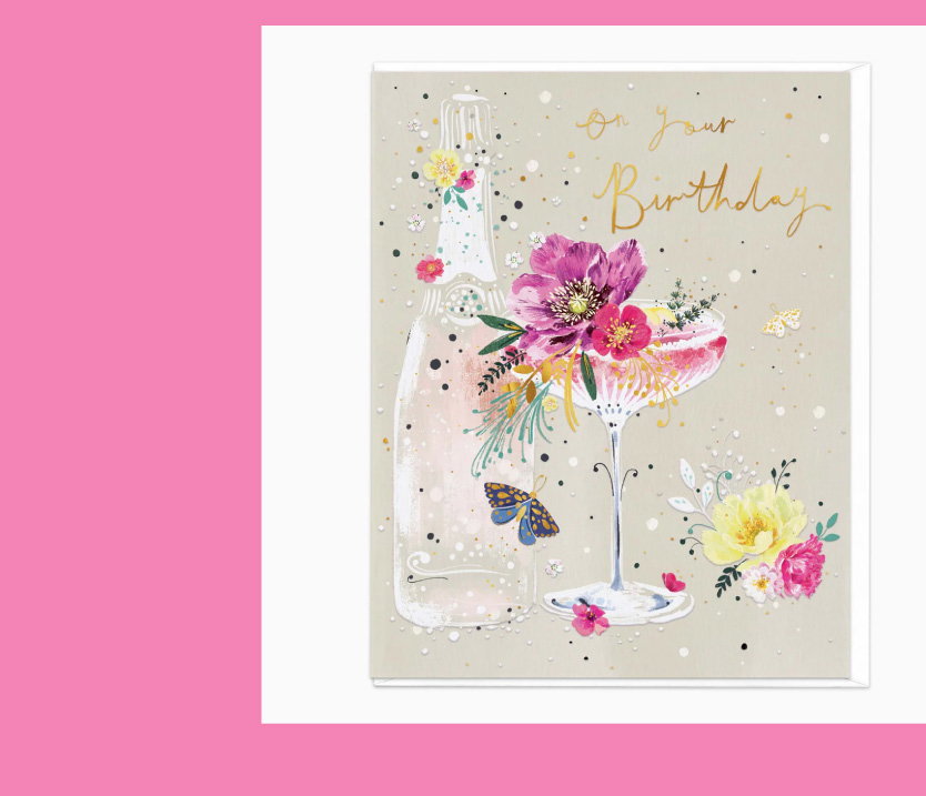 Floral Champagne Birthday Card