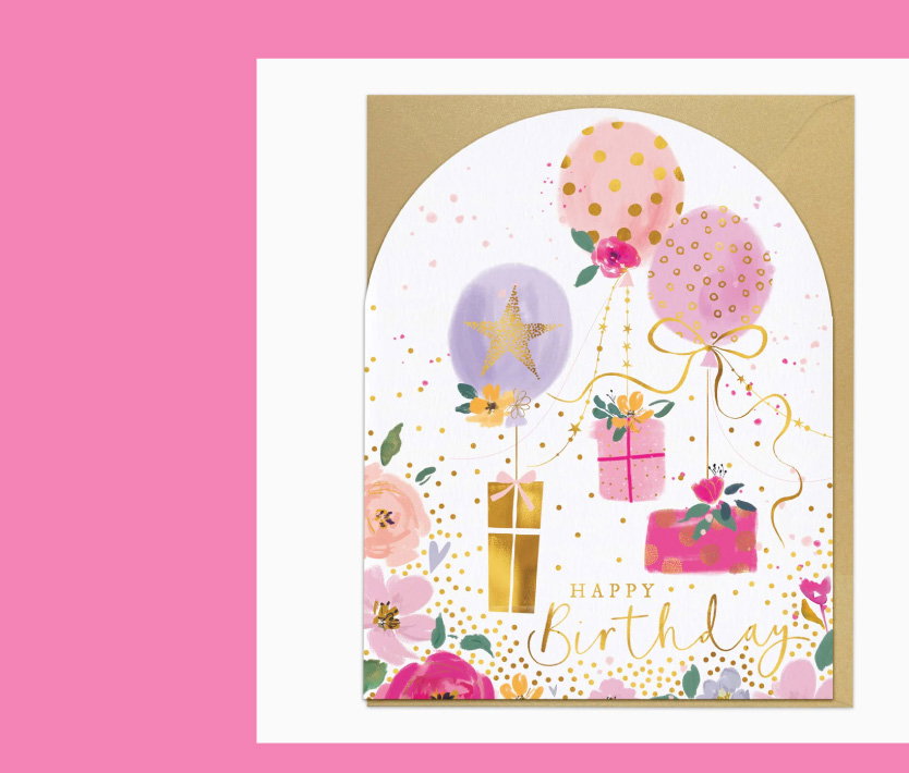Pink Balloons & Presents Birthday Card