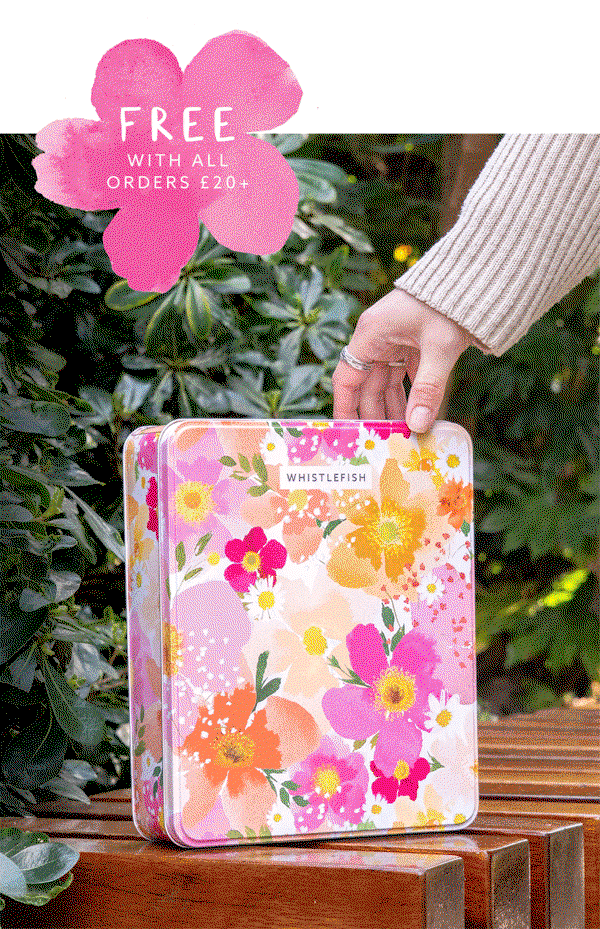 Petal Pop Collection featuring colourful floral gifts and a free gift tin offer with orders over £20. Bright pink and orange floral tin held outdoors beside handwritten text reading “Can’t keep our hands off”.