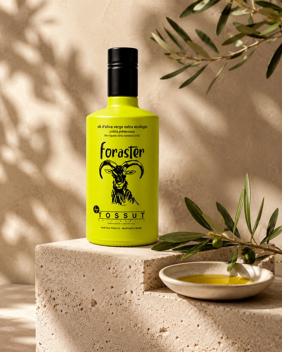 Bright lime-green bottle of Foraster extra virgin olive oil on a stone block, with an olive sprig and small dish of oil