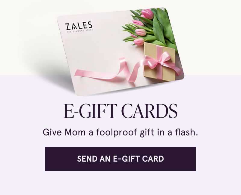 A Zales Gift card featuring flowers and a gift box. E gift cards. Give Mom a foolproof gift. Click to send an e gift card