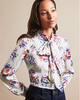 Cream & Red Floral Pussybow Blouse