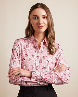 Semi-Fitted White & Red Floral Shirt