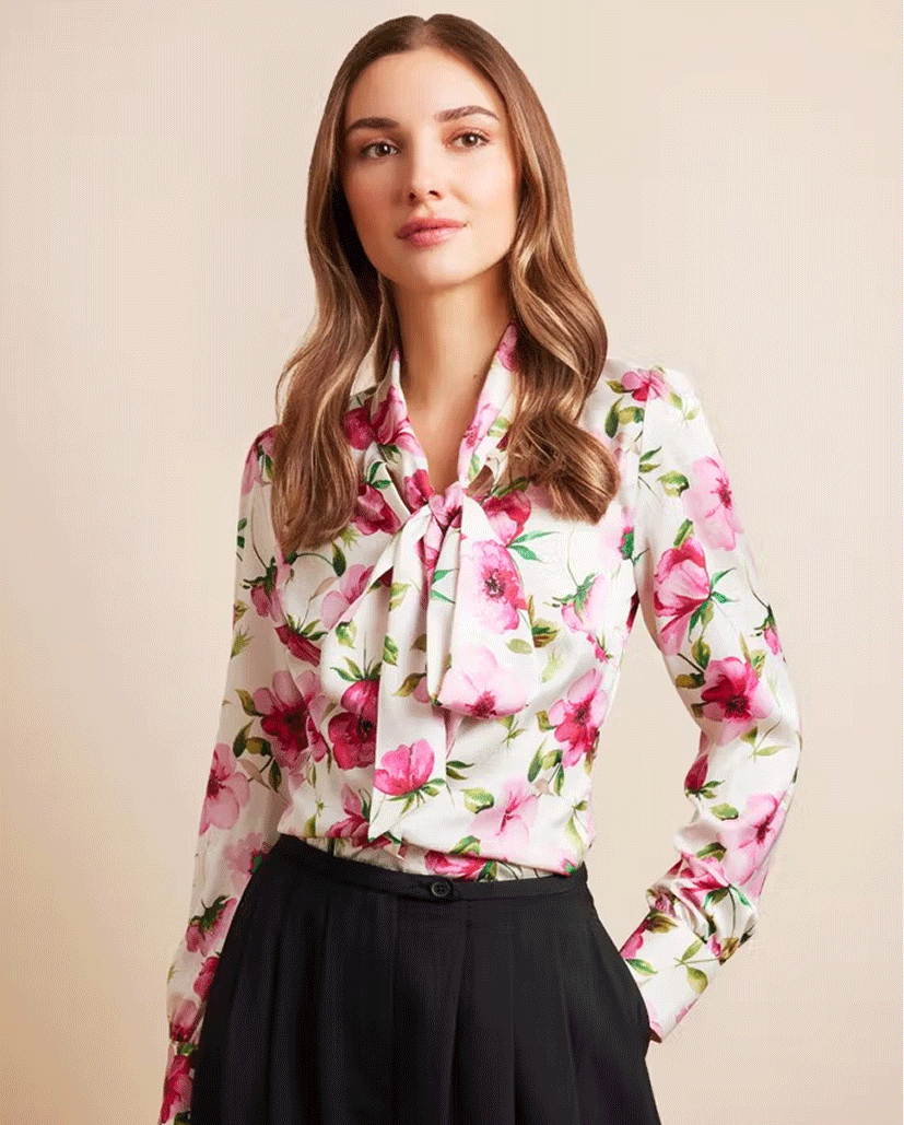 Cream & Pink Floral Pussybow Blouse
