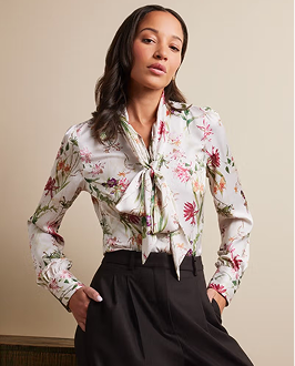 Cream & Pink Floral Pussybow Blouse
