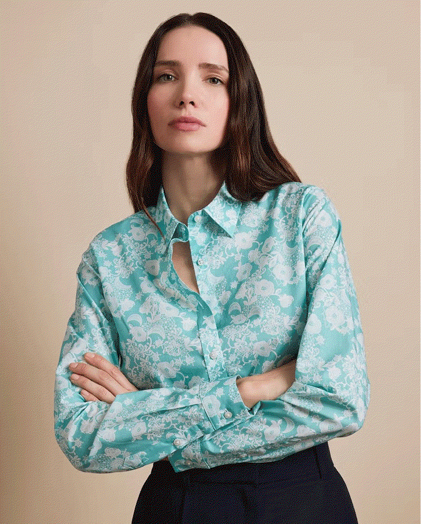 Semi-Fitted Teal & White Floral Shirt