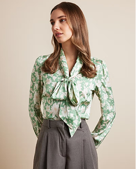 Green & Cream Floral Pussybow Blouse