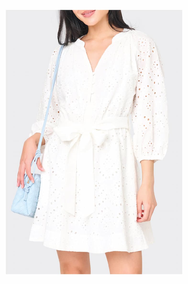 3/4 Blouson Sleeve Flare Eyelet Day Dress