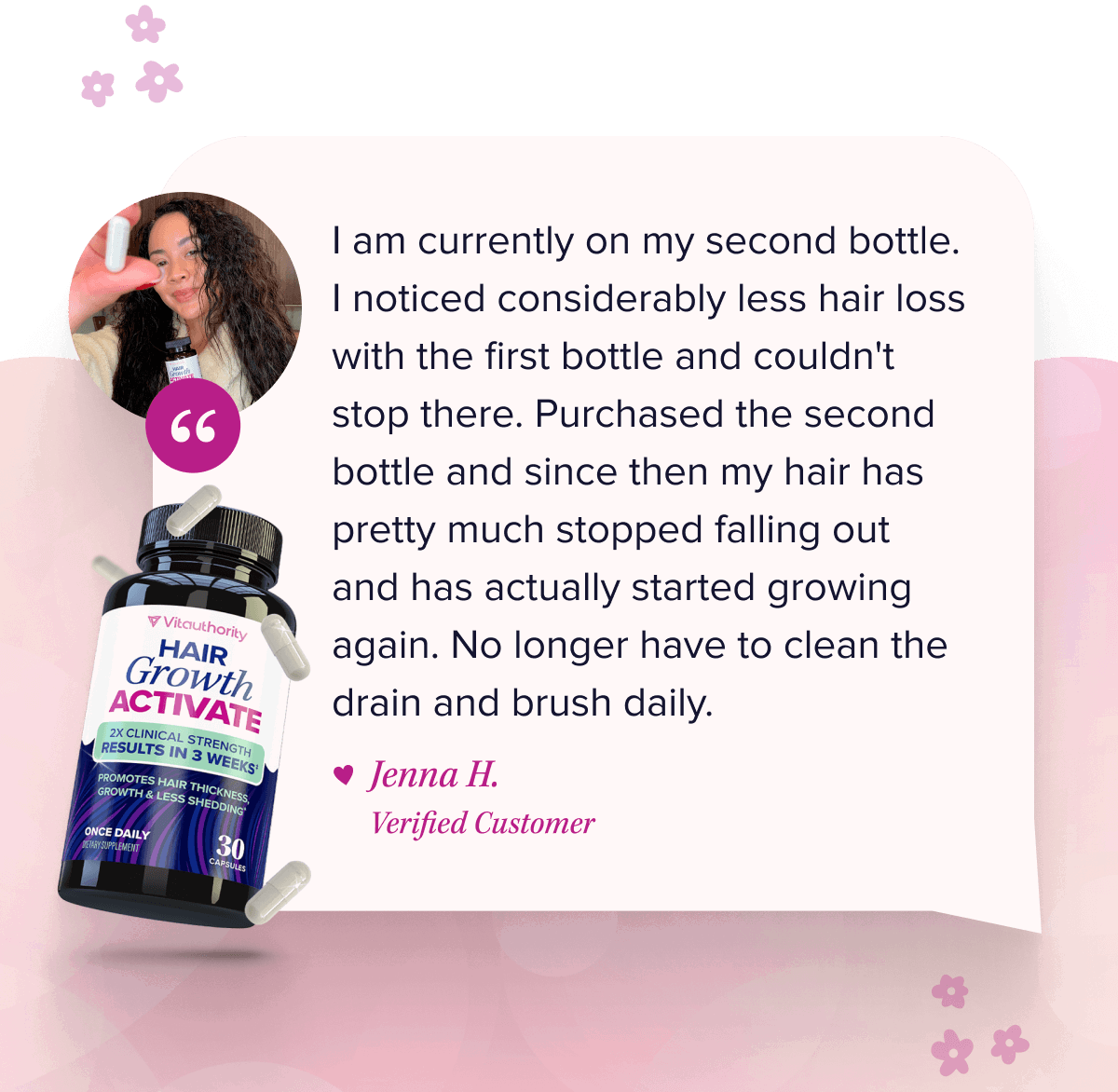 Hair Growth Activate I am currently on my second bottle. I noticed considerably less hair loss with the first bottle and couldn't stop there. Purchased the second bottle and since then my hair has pretty much stopped falling out and has actually started growing again. No longer have to clean the drain and brush daily.  - Jenna H.