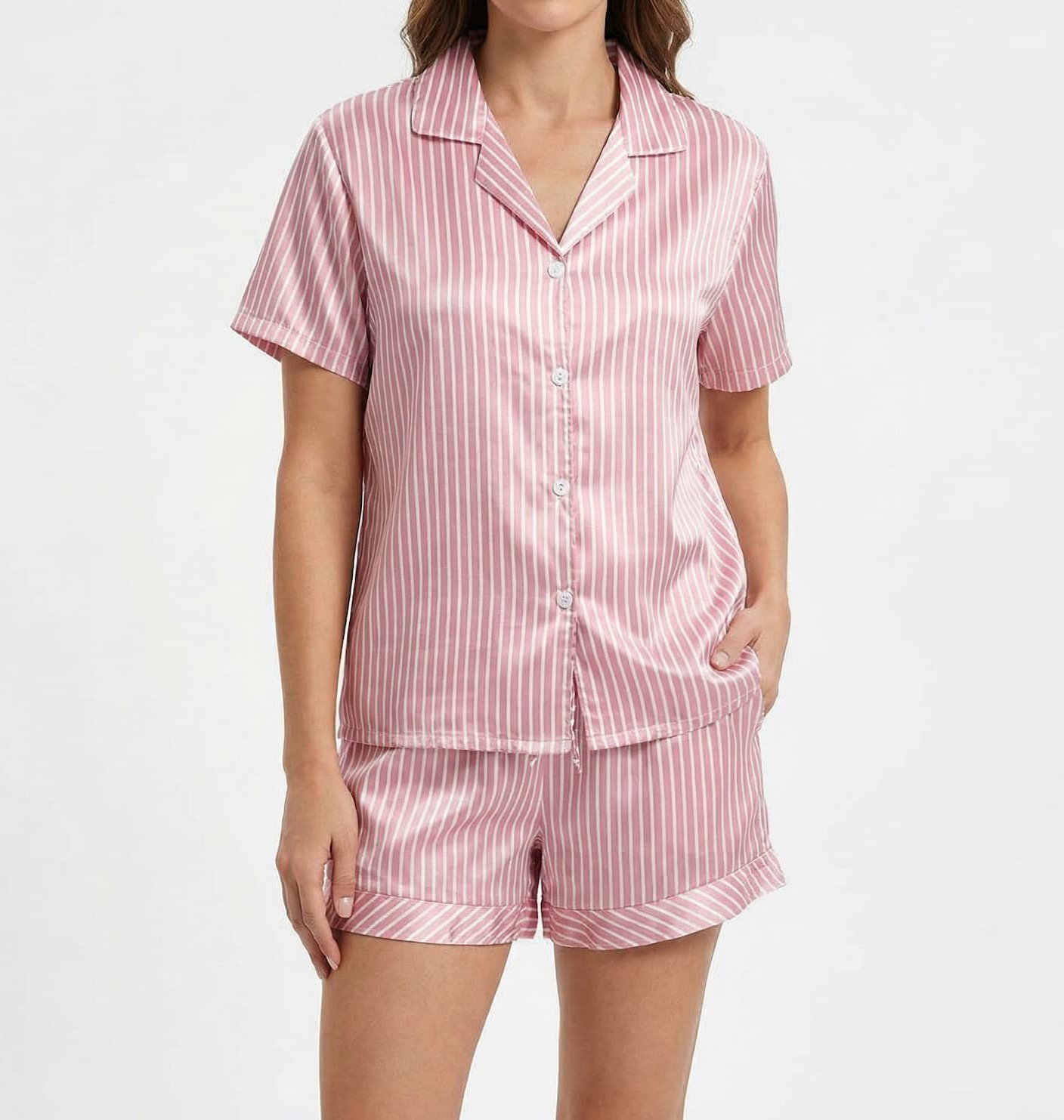 Woman wearing CTM satin pajama set