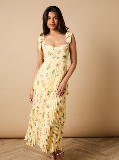 Petite Floral Pleated Tie Shoulder Midi Dress