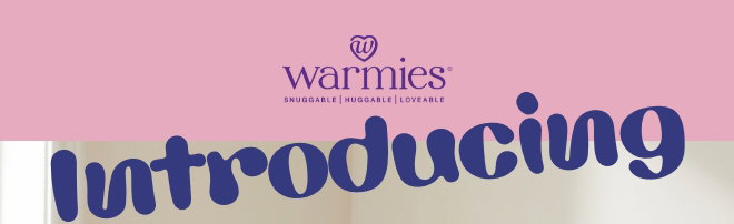 Purple Warmies logo on pink background. Shop Now.