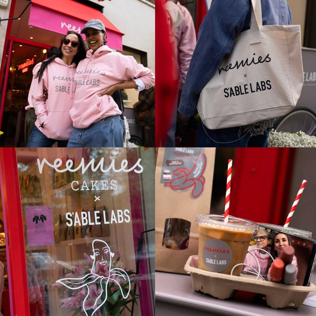 Reemies x S'ABLE Labs collaboration event highlights featuring branded hoodies, tote bags, storefront signage, and iced coffee packaging
