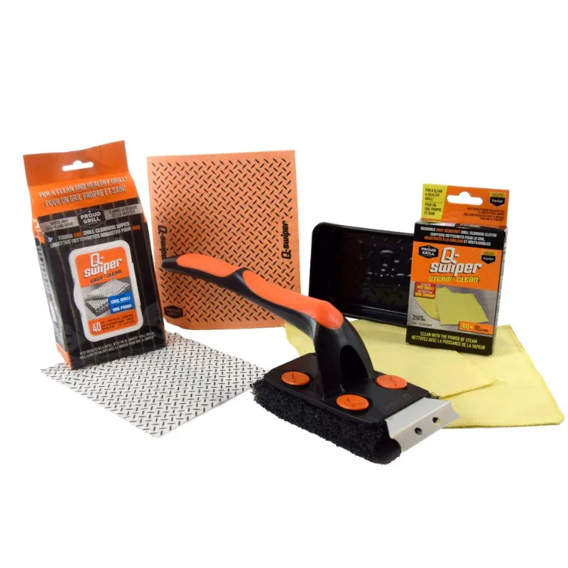 Image of Q-Swiper XL Complete Grill Cleaner Kit by Proud Grill - Brush, Reusable Cloths, Grill Wipes & Tray