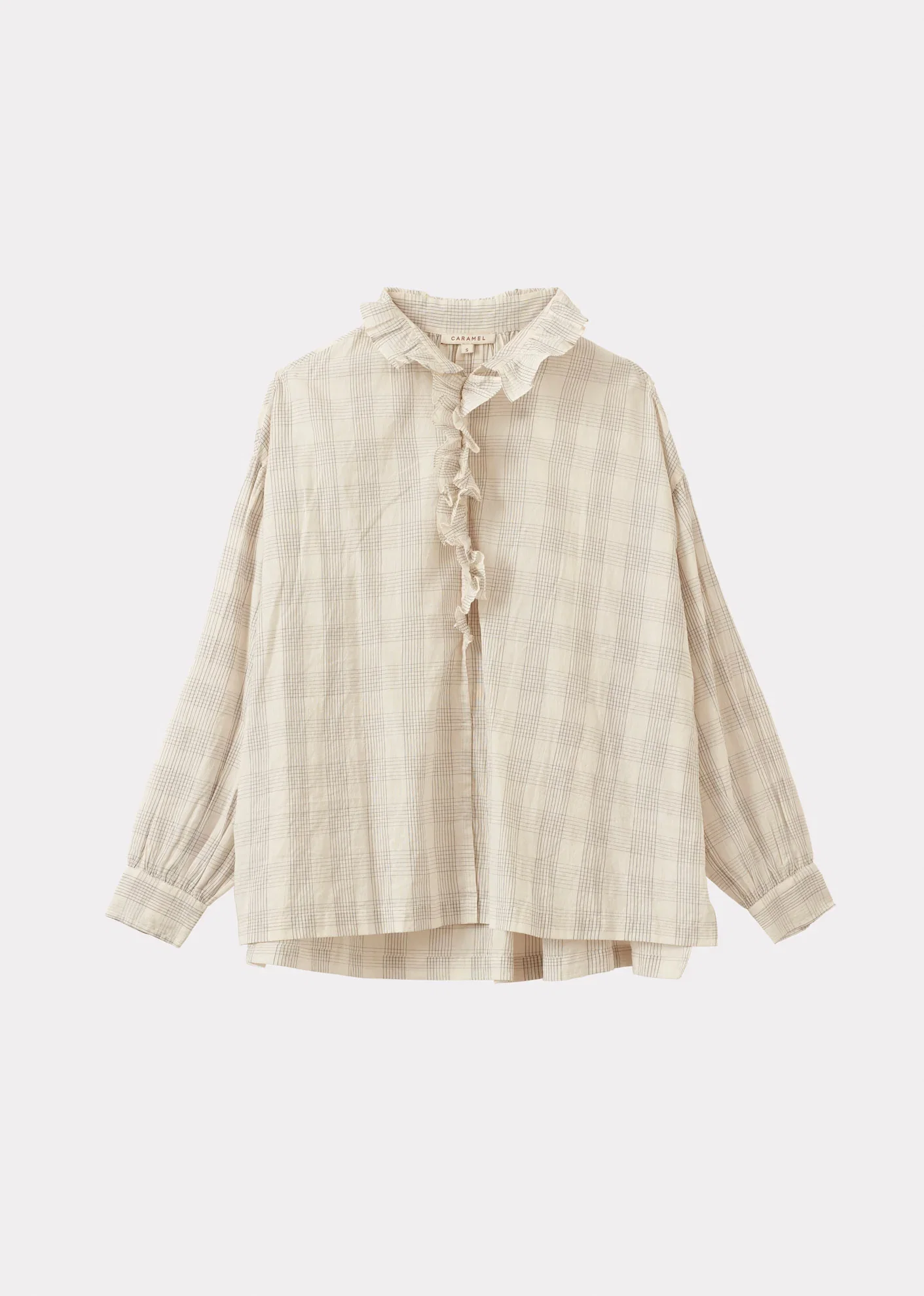 Image of WOMEN'S FRILL COLLAR COTTON BLOUSE - ECRU / GREY CHECK