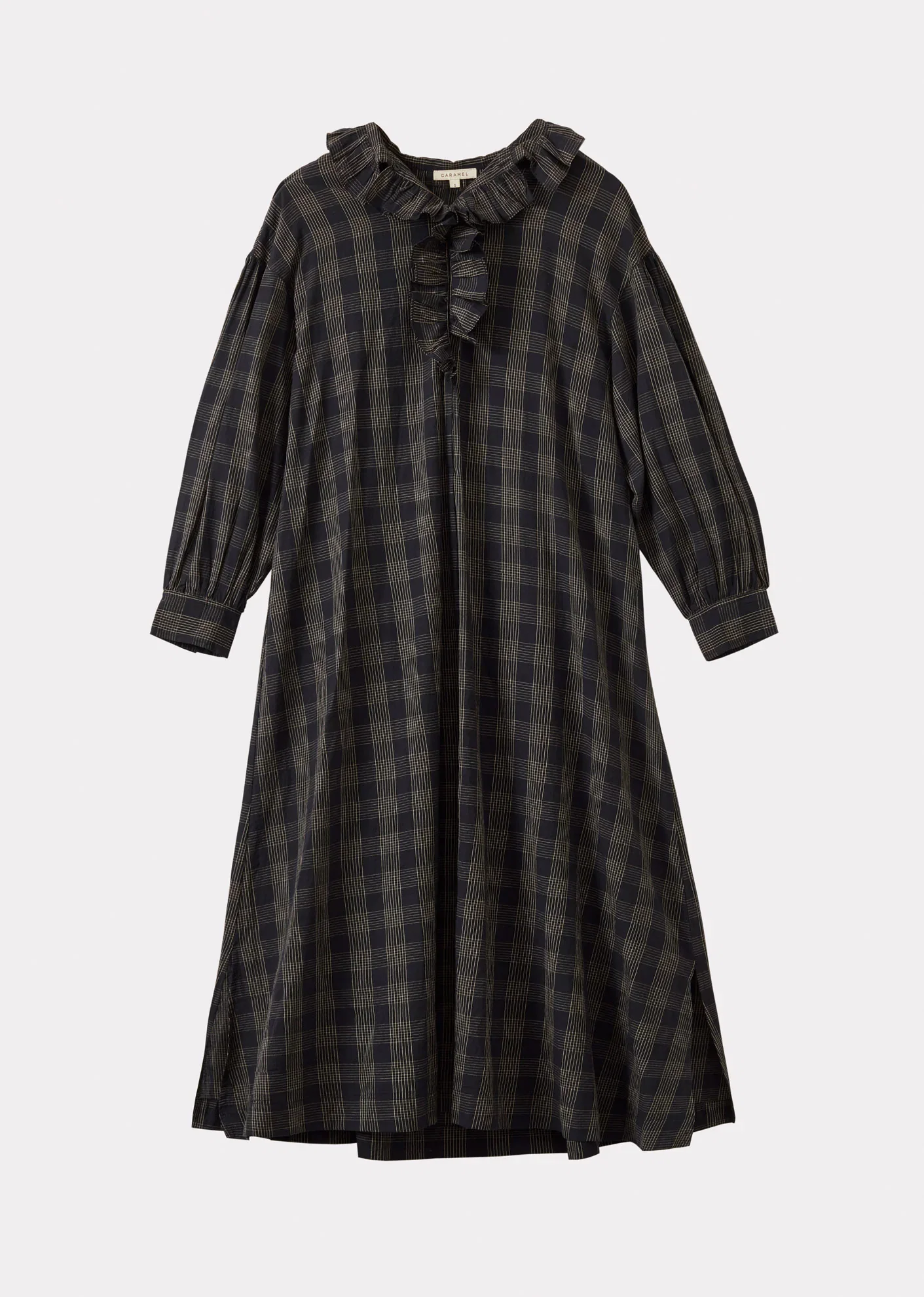Image of FRILL COLLAR WOMEN'S DRESS - BLACK / ECRU CHECK