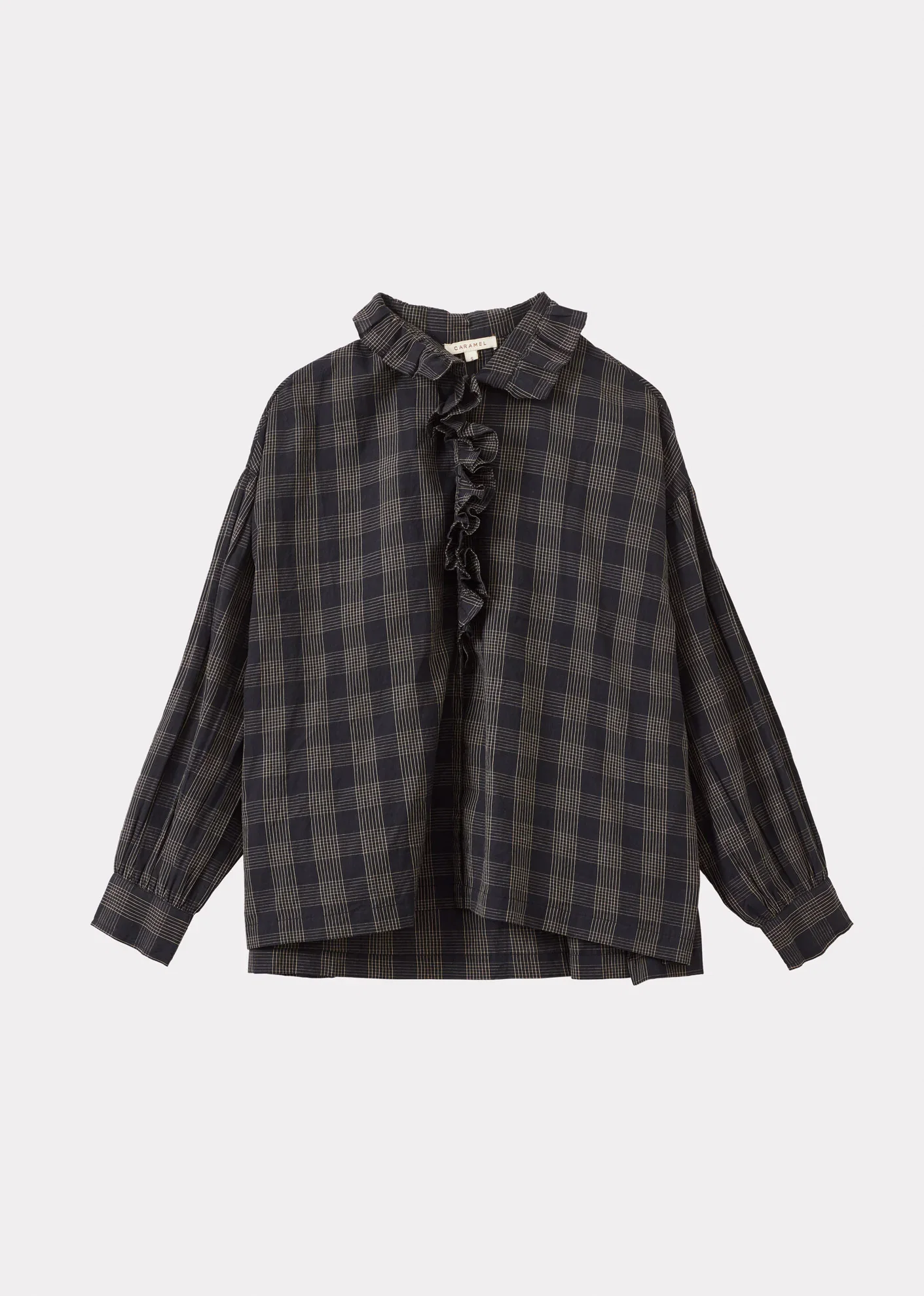 Image of WOMEN'S FRILL COLLAR COTTON BLOUSE - BLACK / ECRU CHECK
