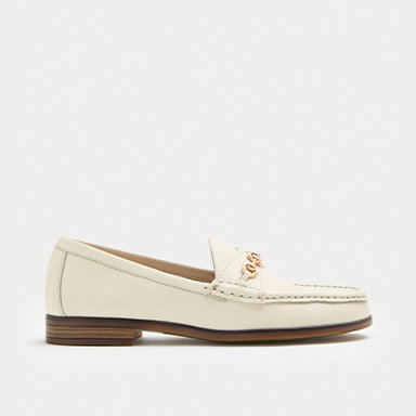 Leather Trim Block Heel Loafers in Cream