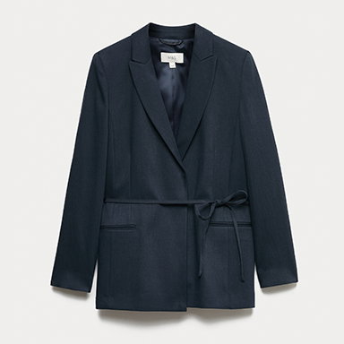 Tie Belted Blazer with Linen in Midnight Navy