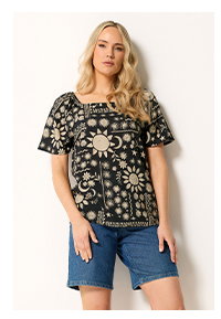 Black Coastal Print Square Neck Top