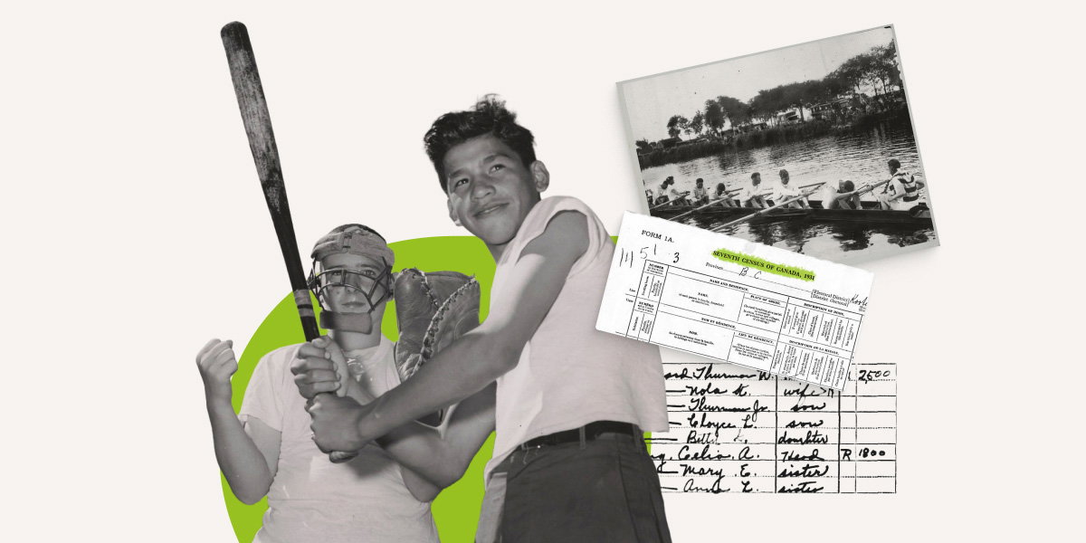 Picture of two kids playing baseball in the midst of Ancestry records