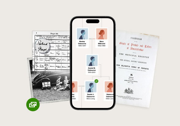 Mobile image of Ancestry tree, with some Ancestry records and photos