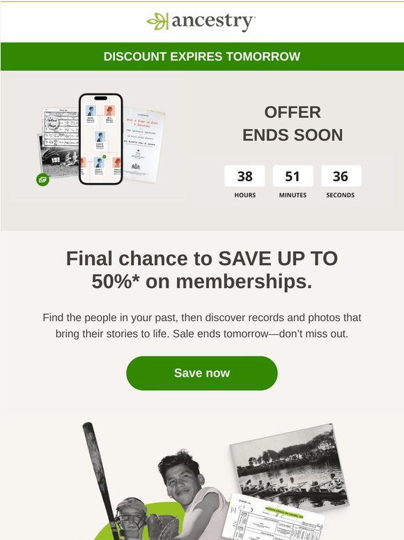 Ends tomorrow: Up to 50% off Ancestry memberships