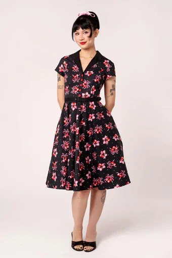 Black Cherilyn Dress - Hell Bunny Cherry Print 1950s Swing Women's