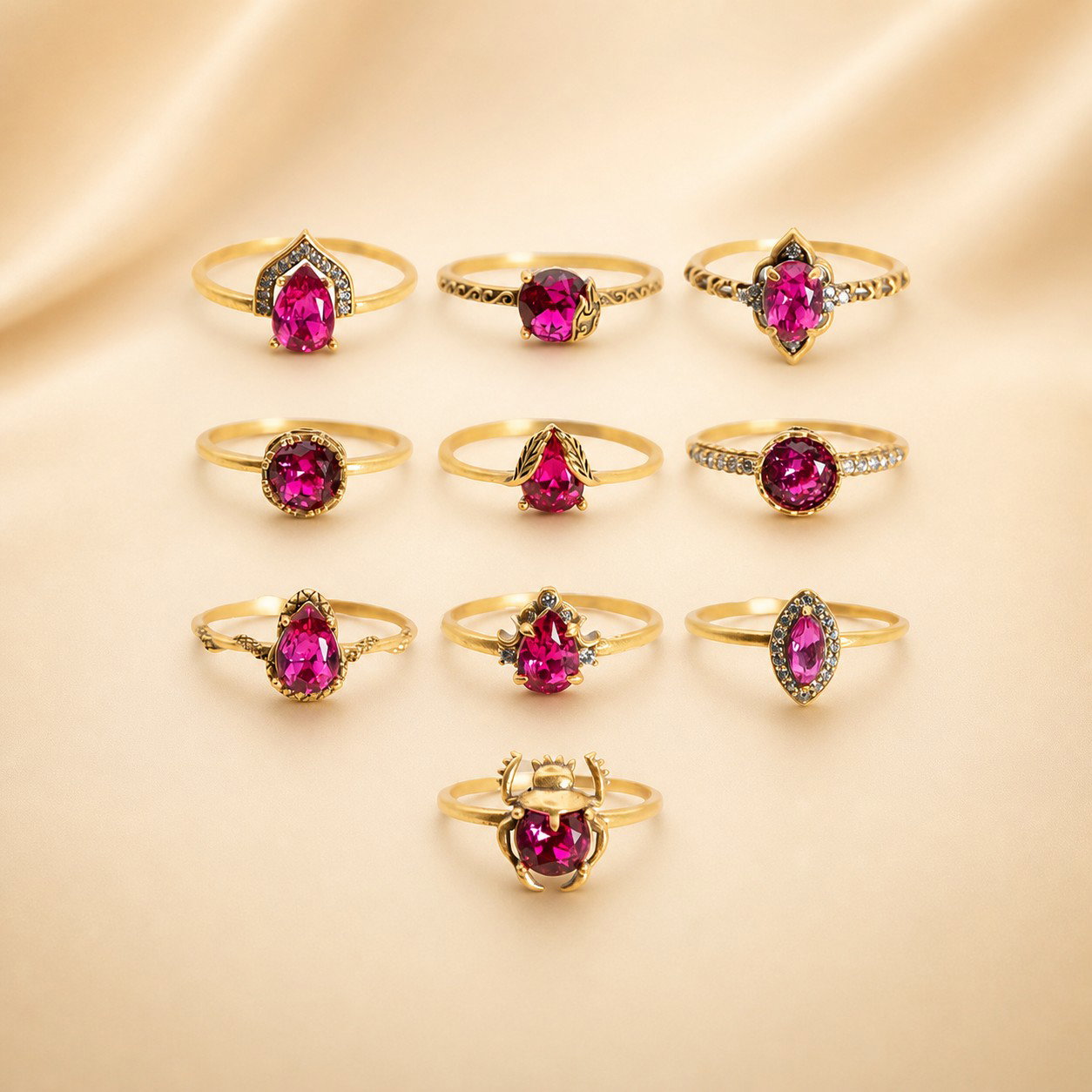 10 NEW Rings - brilliant pink stones on golden brass or antique silver with arabesque designs