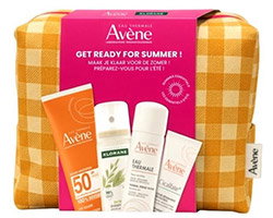 Avène summer skincare travel set with yellow gingham toiletry bag, SPF50 sunscreen and moisturisers