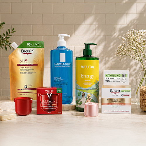 Assorted skincare products on a countertop: Eucerin pH5 pouch, La Roche-Posay blue cleanser, Weleda Energy pump, Vichy Liftactiv jar and Eucerin Hyaluron boxes