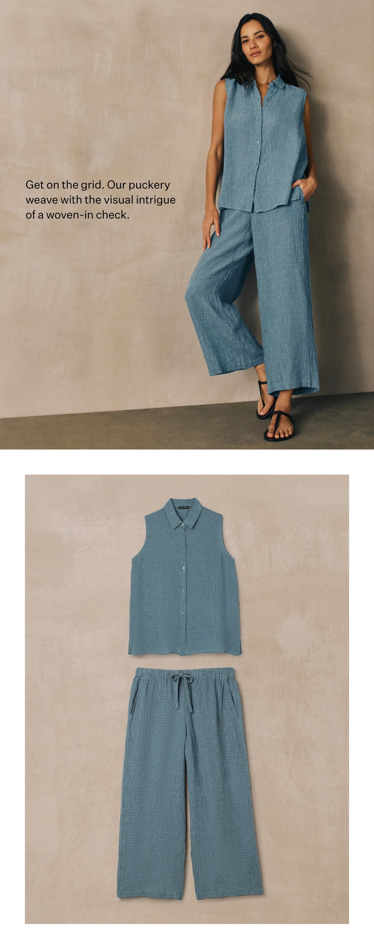 Get on the grid. Our puckery weave with the visual intrigue of a woven-in check.