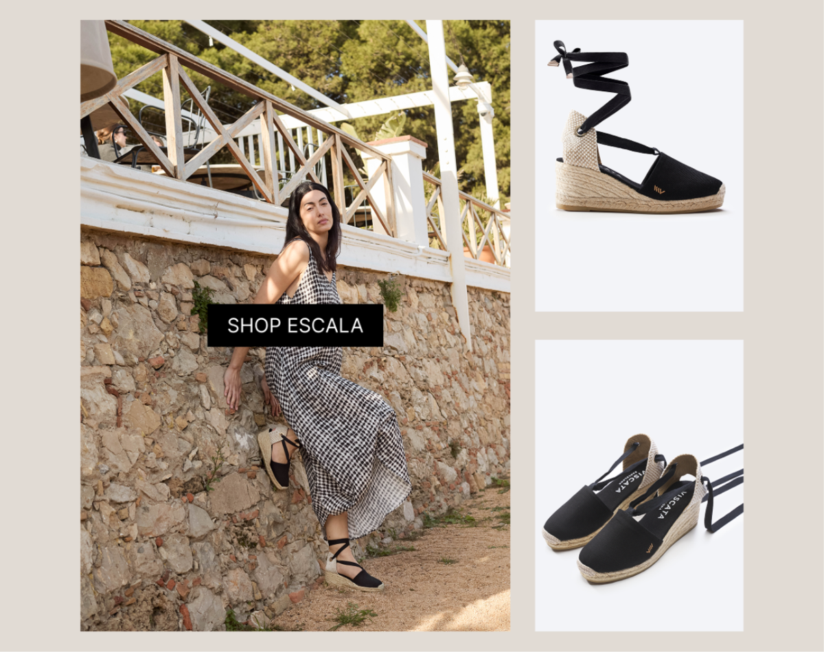 Woman in a gingham dress wearing black espadrille wedges with ankle ties in a Mediterranean outdoor setting, alongside black espadrille wedge and flat styles on a clean background.