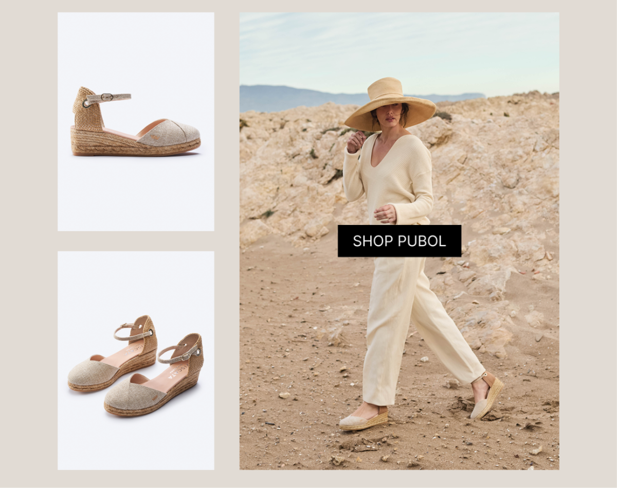 Woman walking through a Mediterranean landscape wearing gold espadrille wedges with ankle strap, alongside gold espadrille flat product images on a clean background.
