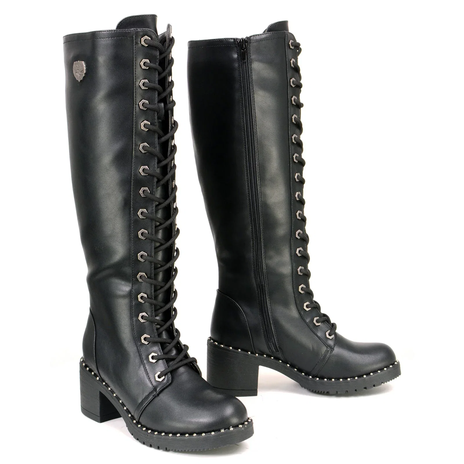Image of Milwaukee Leather MBL9442 Women's Black Lace-Up Tall Biker Fashion Boots with Platform Heel & Studs