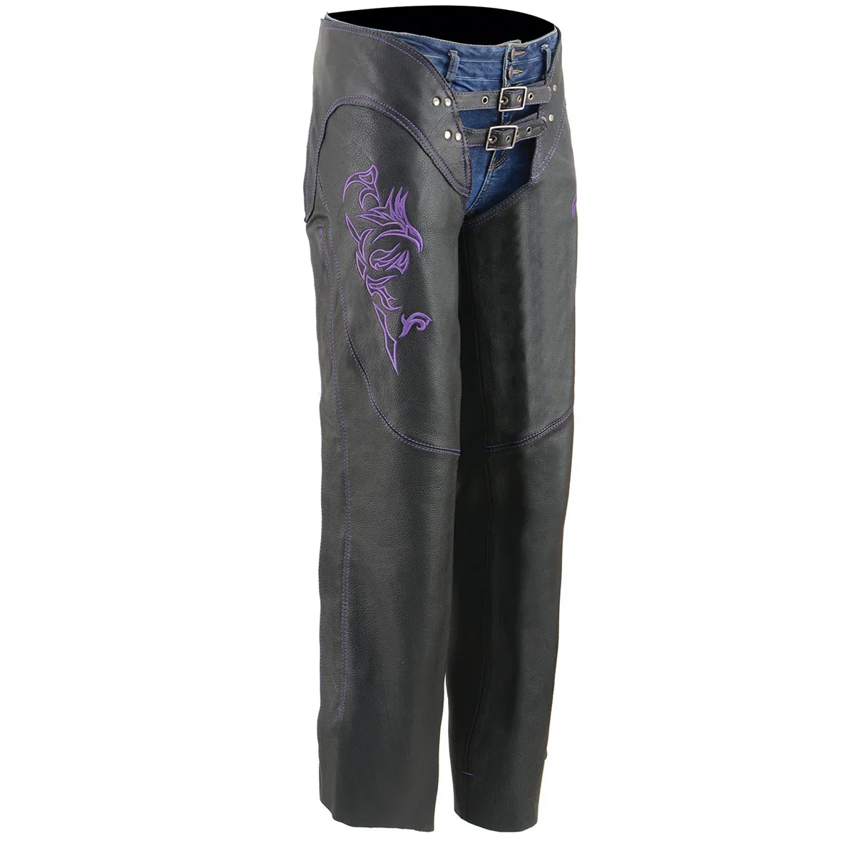 Image of Milwaukee Leather Chaps for Women Black and Purple Low-Rise Waist- Double Buckle Reflective Embroidery Motorcycle Chap- ML1187
