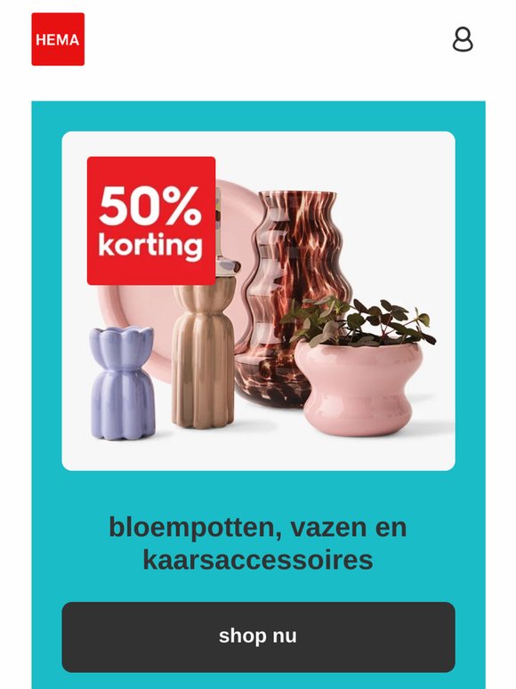 nu 50% korting op bloempotten, vazen en kaarsaccessoires