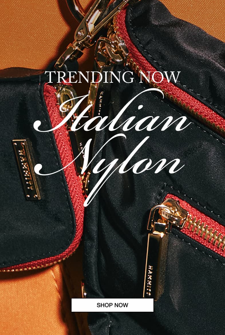 Trending now Italian nylon. CTA: Shop now. Detail image of the charles nylon in black gold. 
