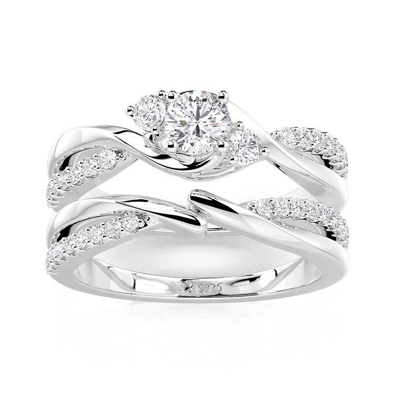 Twist Bypass Three Stone Pave Engagement Ring Set