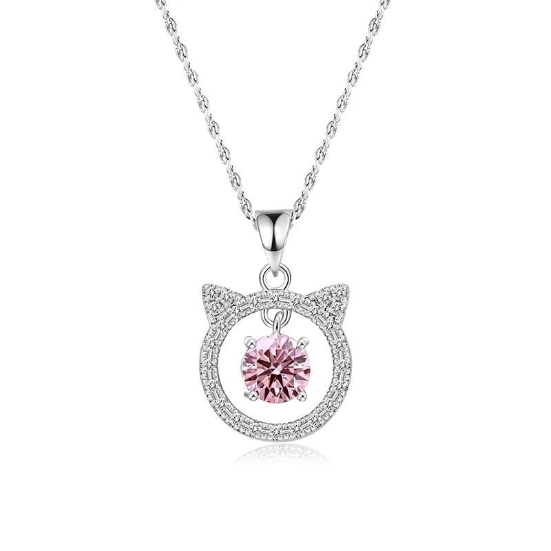 Hollow Cat Necklace with Pink Stone Sterling Silver