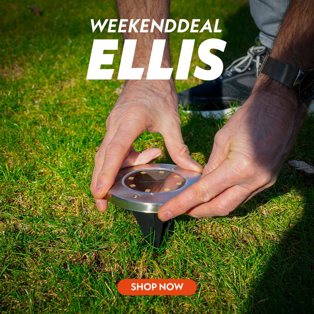 A banner featuring an Ellis ground spotlight stuck in the grass by two hands, with white text, a shape and a ‘shop now’ button.