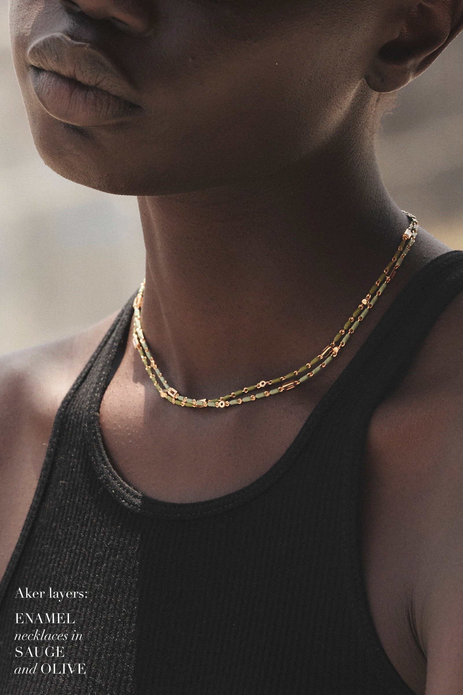 Aker layers Enamel necklaces in Sauge and Olive.