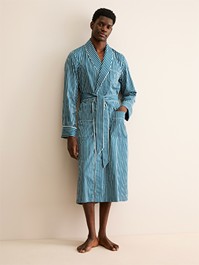 Men's Cotton Dressing Gown in Teal & White Stripe