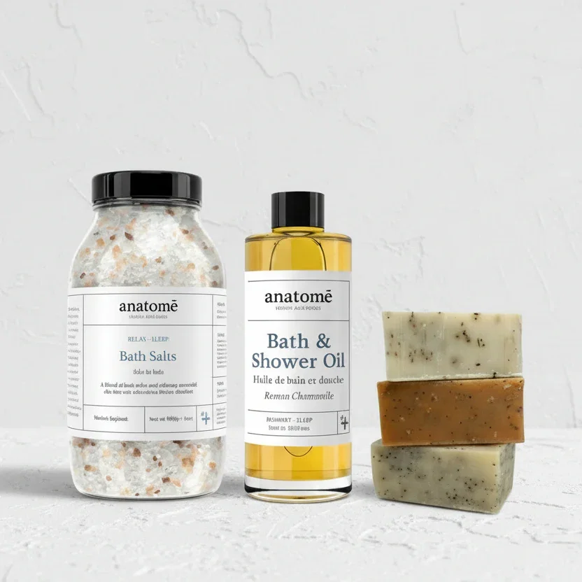 Image of Relax and Unwind: Bathing Salt, Chamomile Bath Oil and Handmade Soap trio