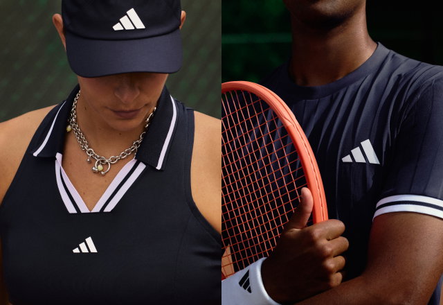 A diptych image of a male and female athlete wearing pieces from the new adidas Paris Tennis Collection.