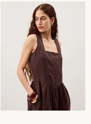 Lily Square Neck Linen Midi Dress Brown