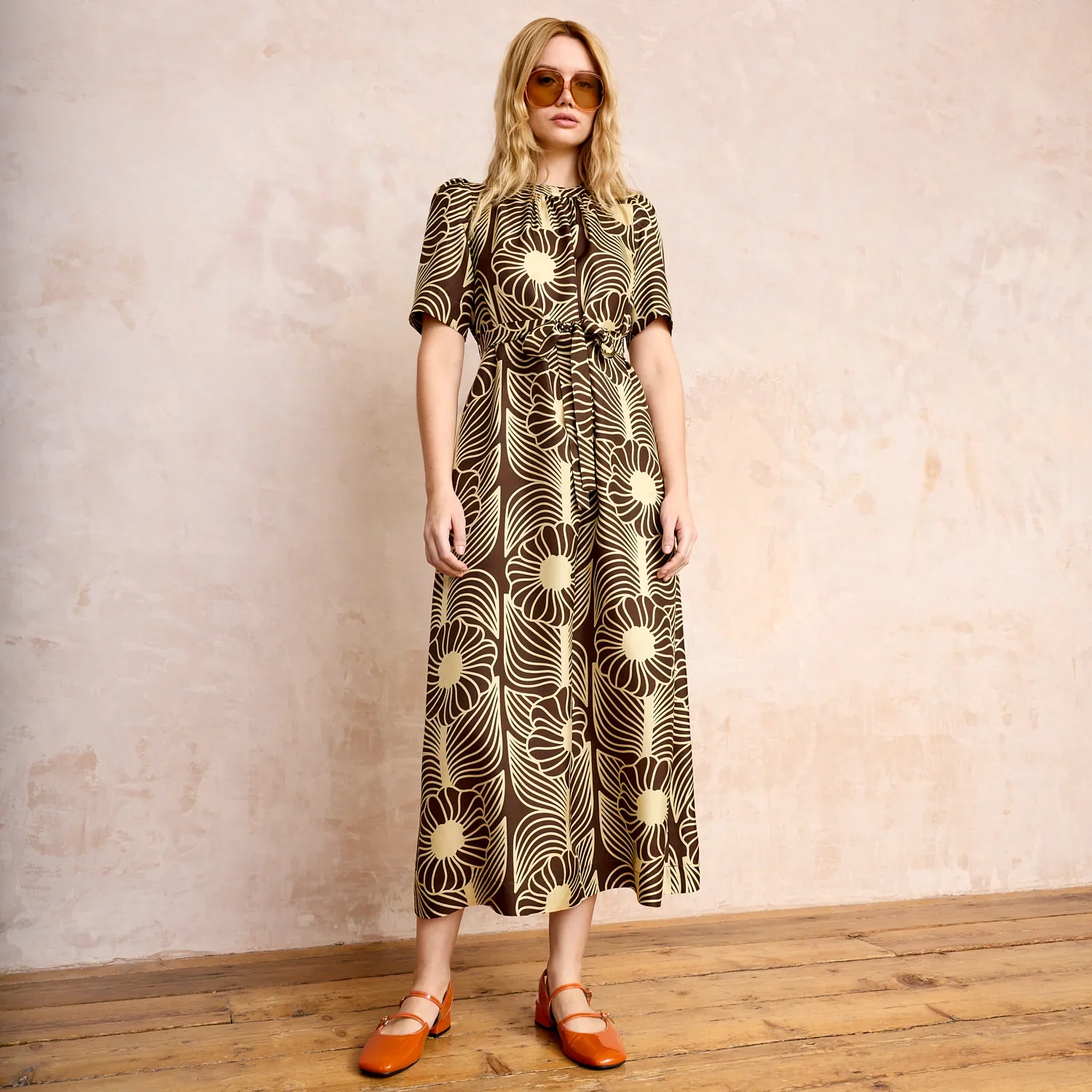 Image of Orla Short Sleeve Belted Silk Dress Moonflower Walnut