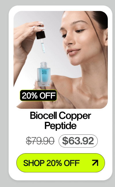 women holding blue bottle serum, text and green button